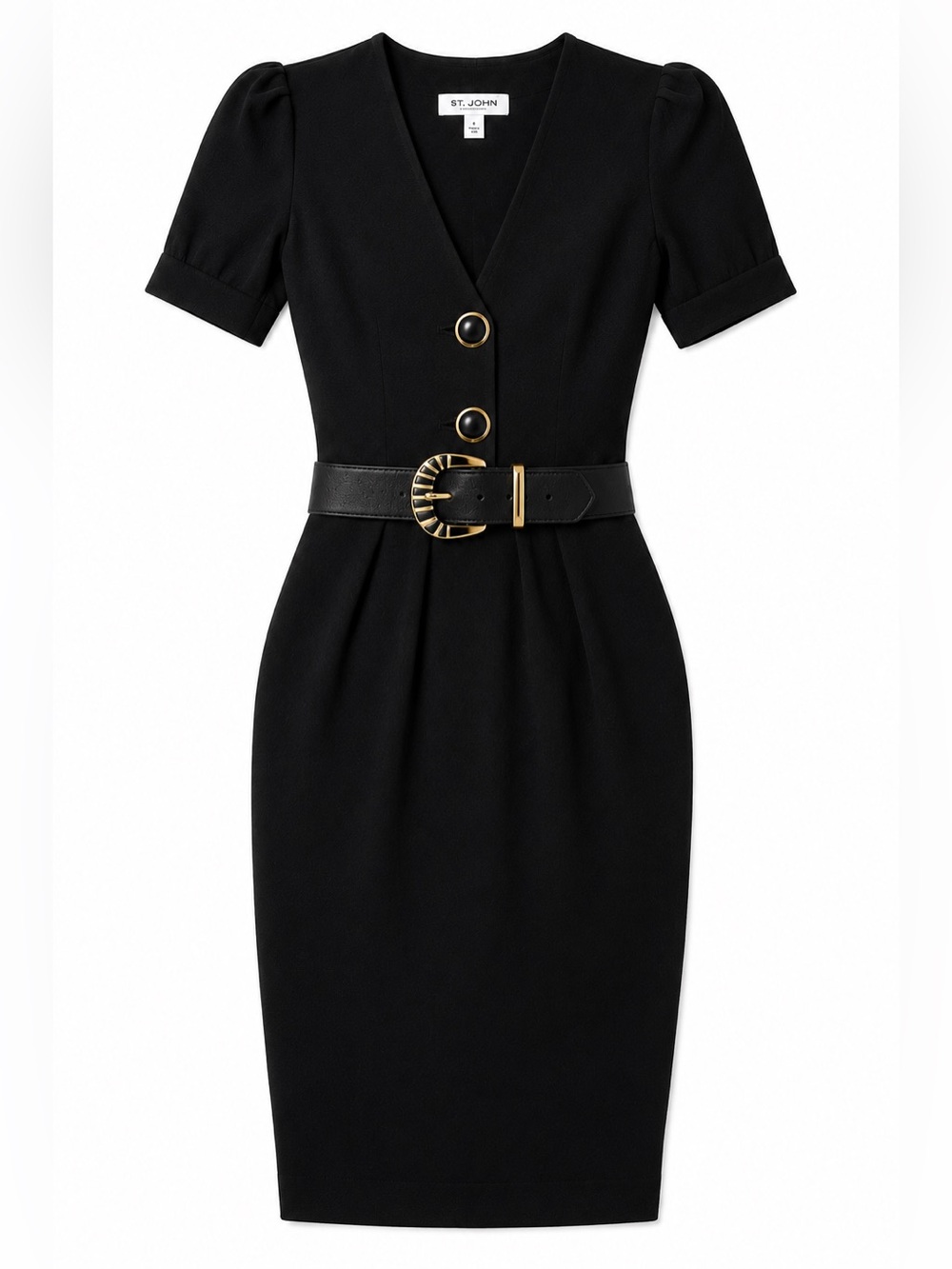 Size 6 St. John Black Knit Dress Gold Buttons Belt Pockets Vintage